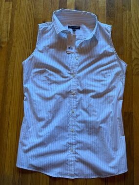 Banana Republic White Sleeveless Button-Down with Blue Pinstripes. New